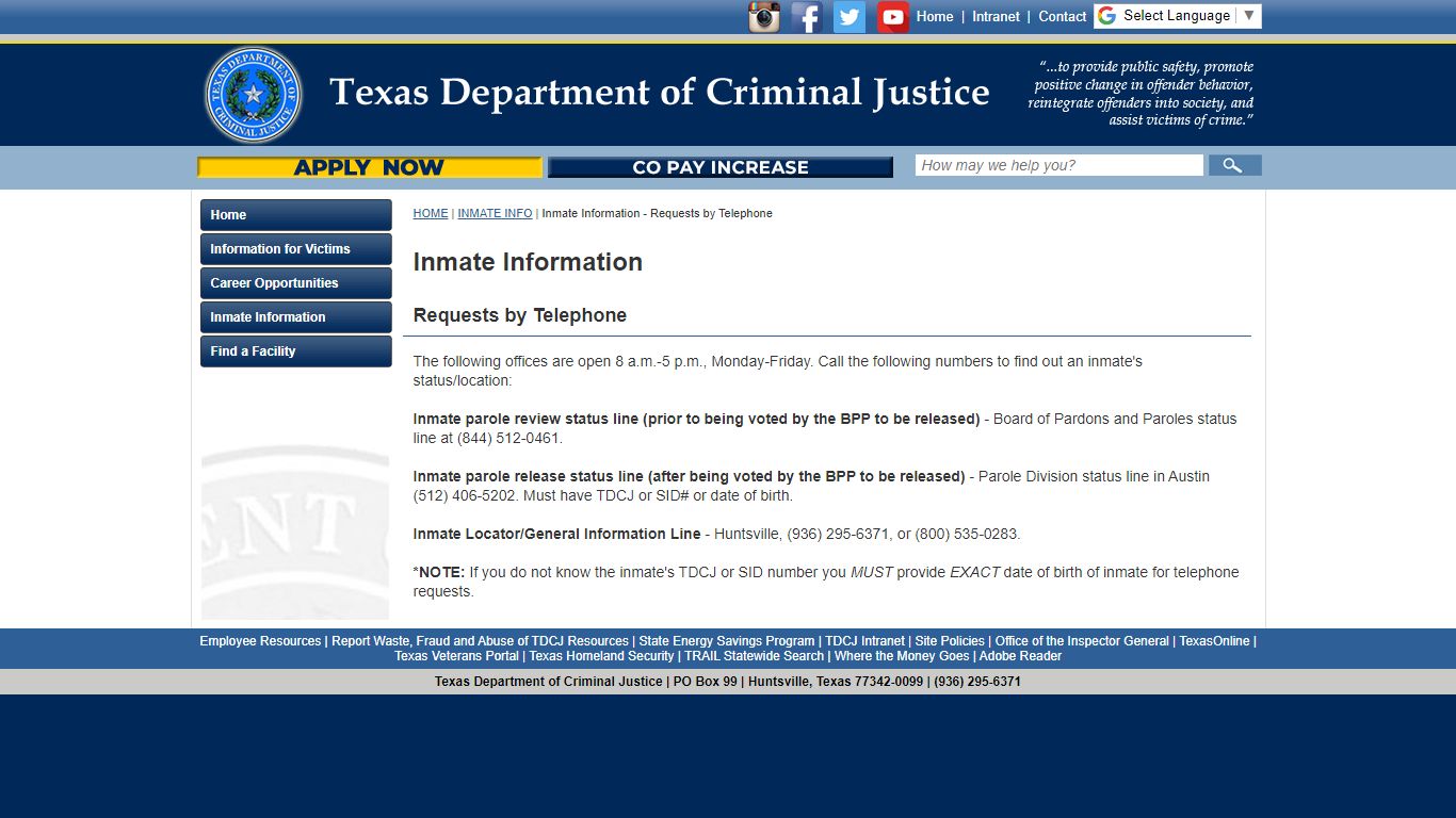 Inmate Information - Requests by Telephone - Texas Department of ...